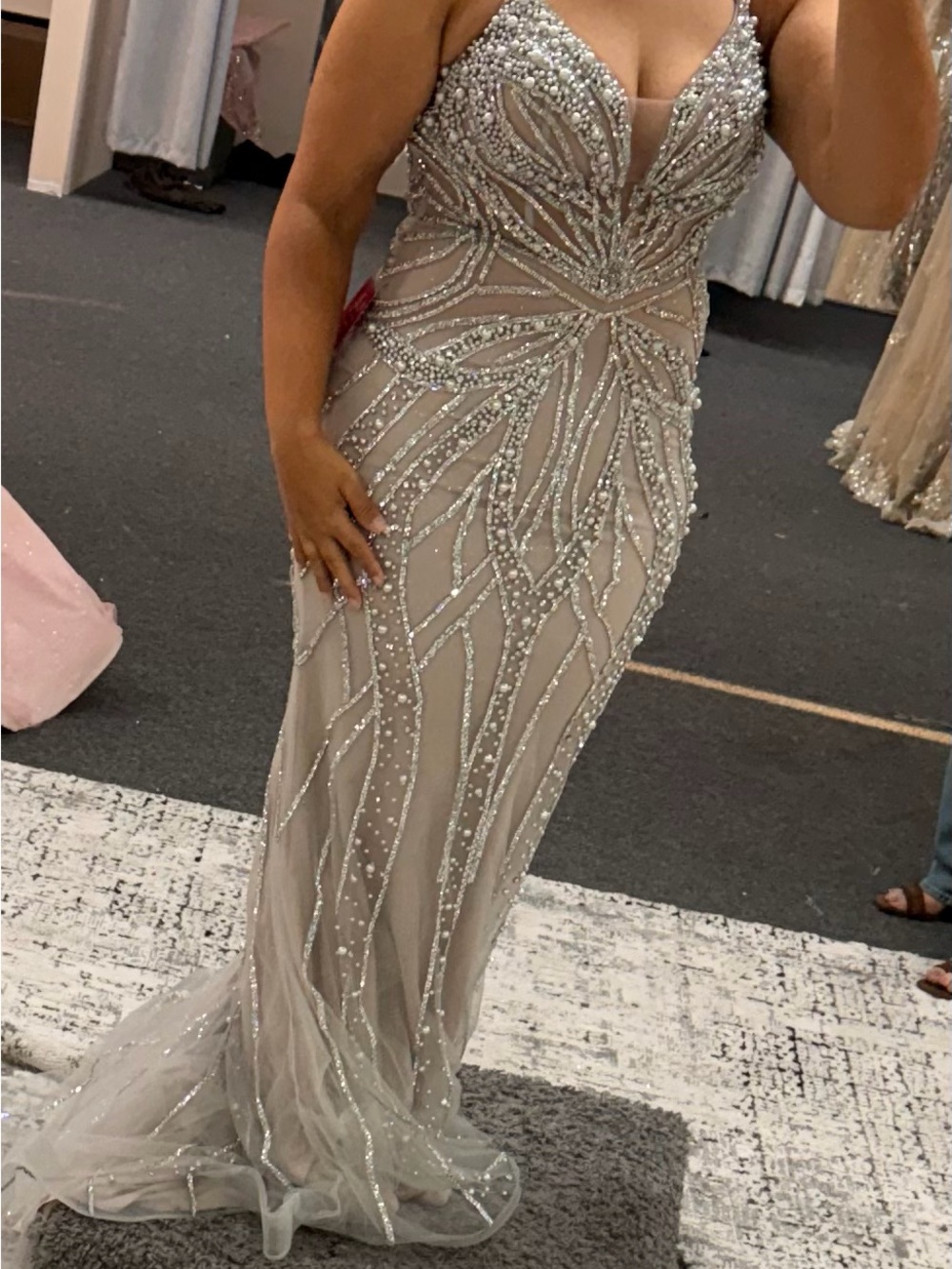 Sequined Champagne Evening Gown - Elegant Prom Dress